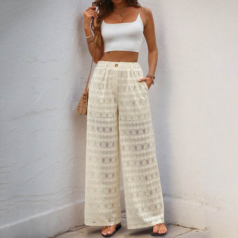 Buycenter Women's High Waist Lace Wide Leg Pants - Elegant Apricot Style - Buy Center