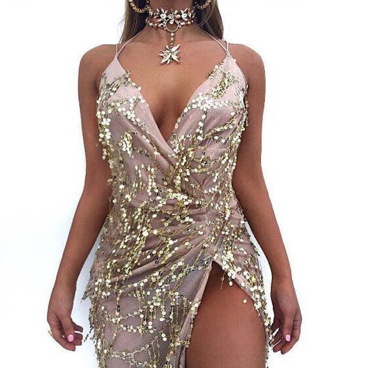 V-Neck Sexy Halter Sequin Dress - Stylish Bridesmaid Evening Wear 2025 - Buy Center