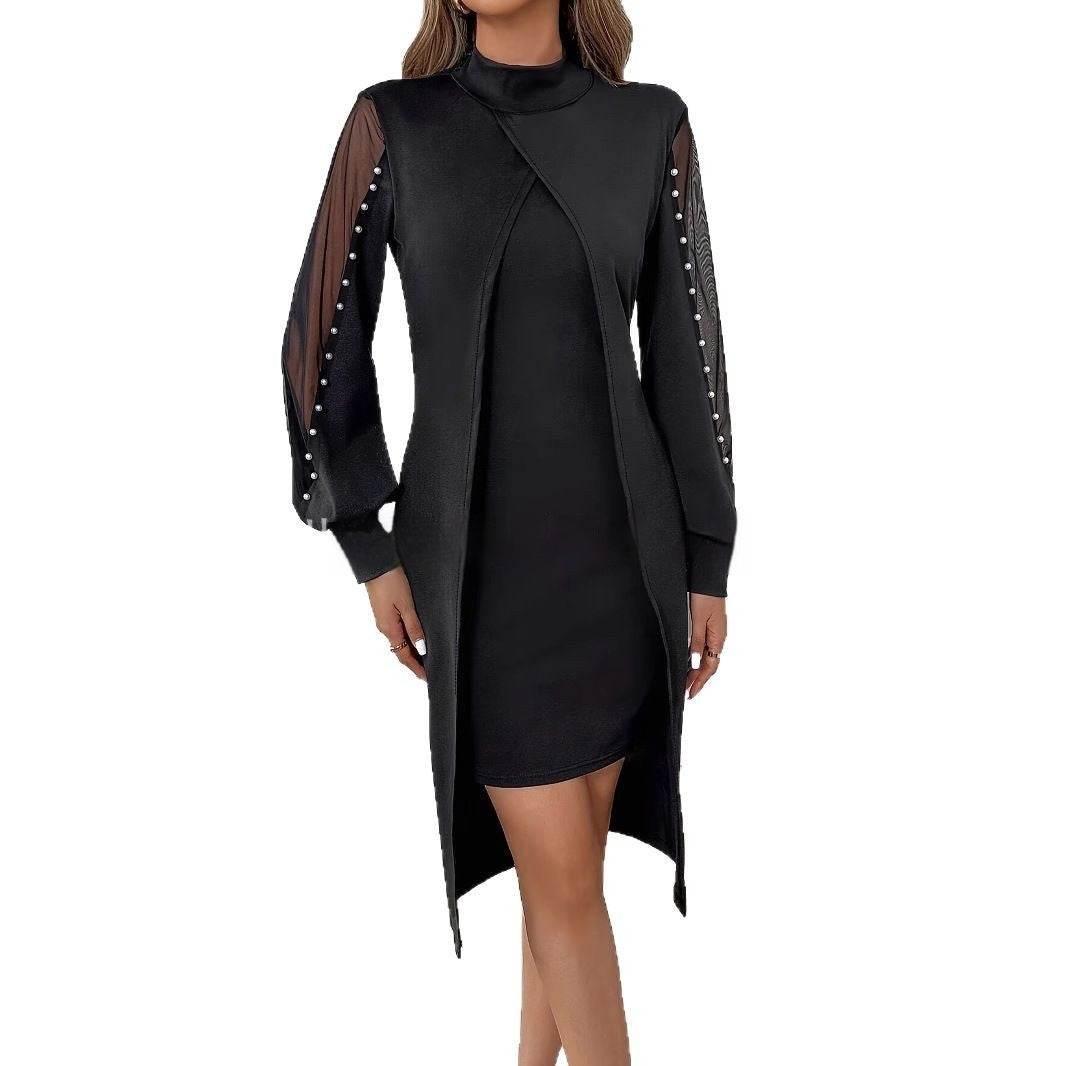 Buycenter Women's Mesh Stitching Dress - Elegant A-Line Style, Long Sleeve - Buy Center