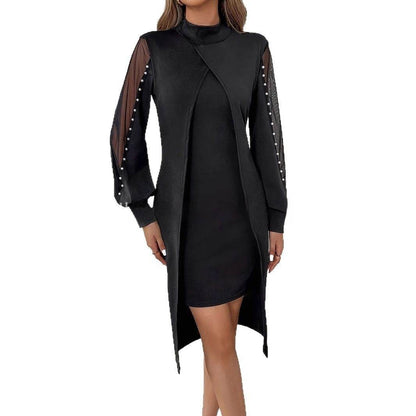 Buycenter Women's Mesh Stitching Dress - Elegant A-Line Style, Long Sleeve - Buy Center
