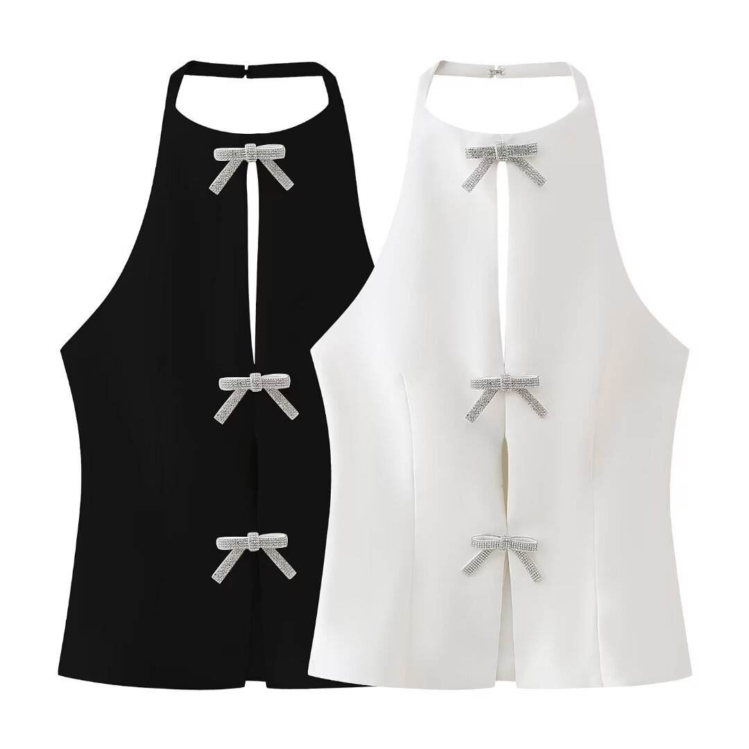 Bowknot Decoration Halter Camisole - Stylish Women's Top in White/Black - Buy Center