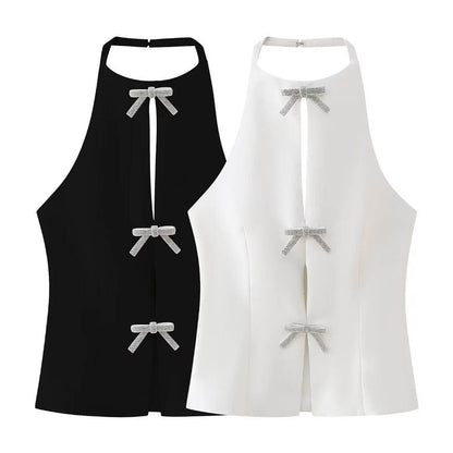 Bowknot Decoration Halter Camisole - Stylish Women's Top in White/Black - Buy Center