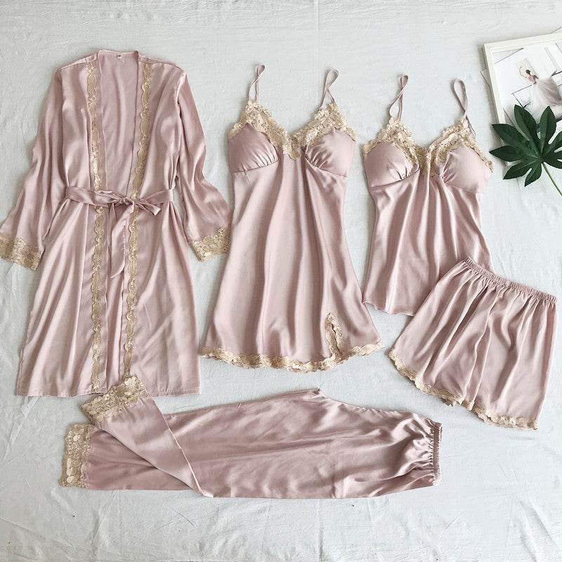 Women's Five-Piece Imitated Silk Pajamas Set - Cool & Comfortable Sleepwear - Buy Center