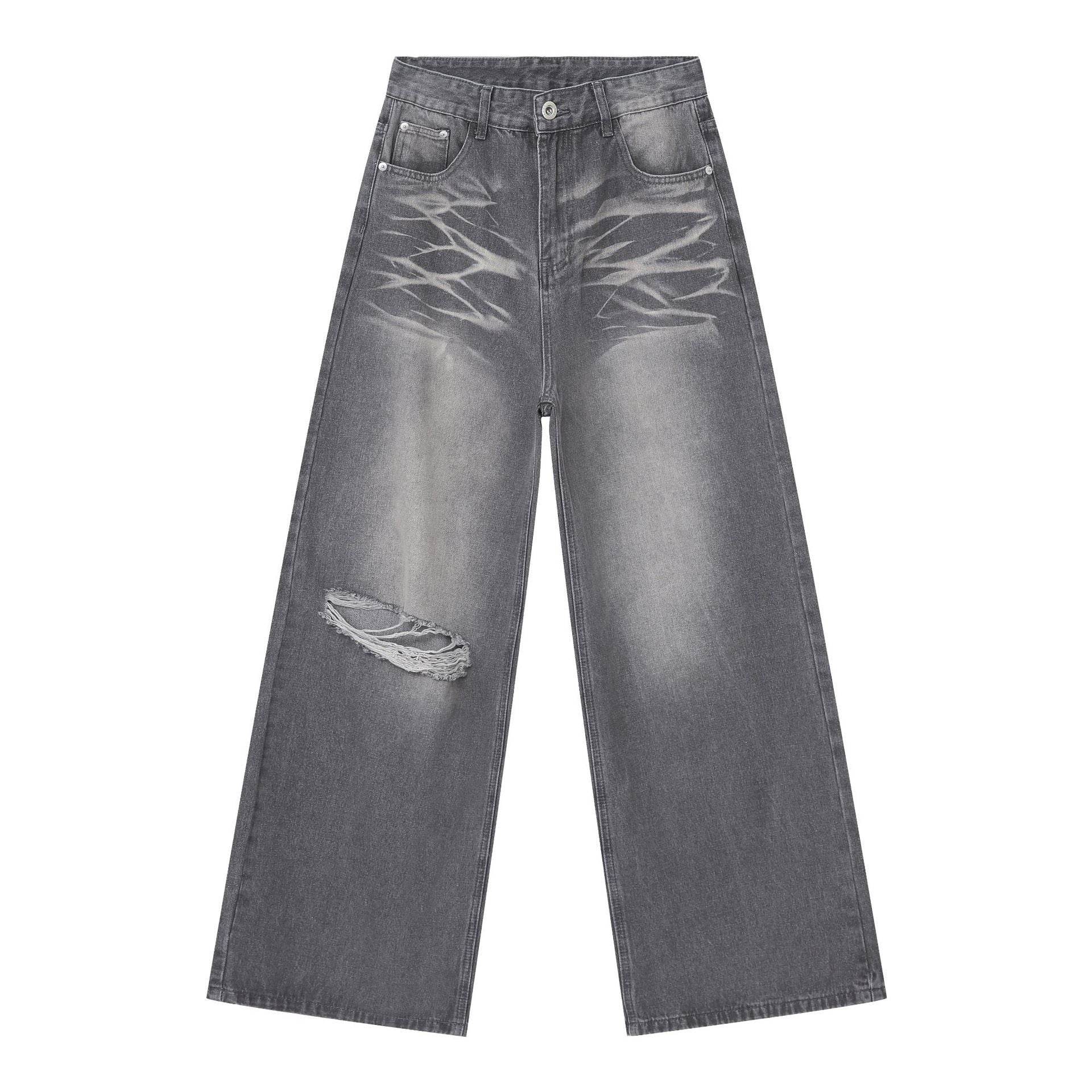 Buycenter Men's American Retro Ripped Loose Jeans - Straight Leg Design - Buy Center