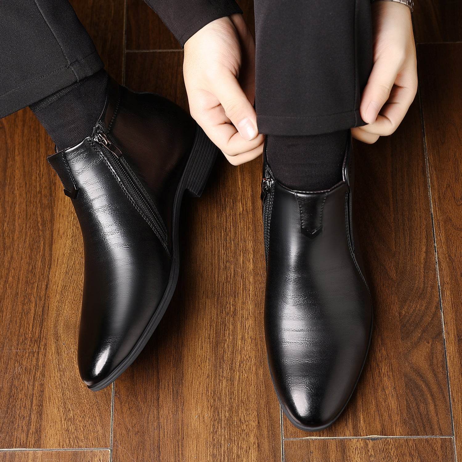 Men's Pointed White Striped Leather Ankle Boots - Side Zipper & Stylish Comfort - Buy Center