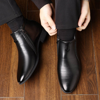 Men's Pointed White Striped Leather Ankle Boots - Side Zipper & Stylish Comfort - Buy Center