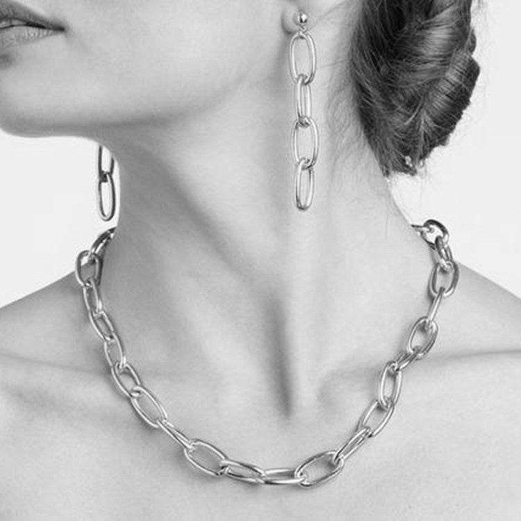 Simple Thick Chain Necklace for Women - Retro Adjustable Style & Earrings - Buy Center