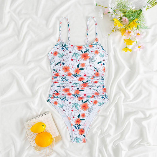 Stylish Printed Suspenders One-Piece Swimsuit - Trendy Pleated Design - Buy Center