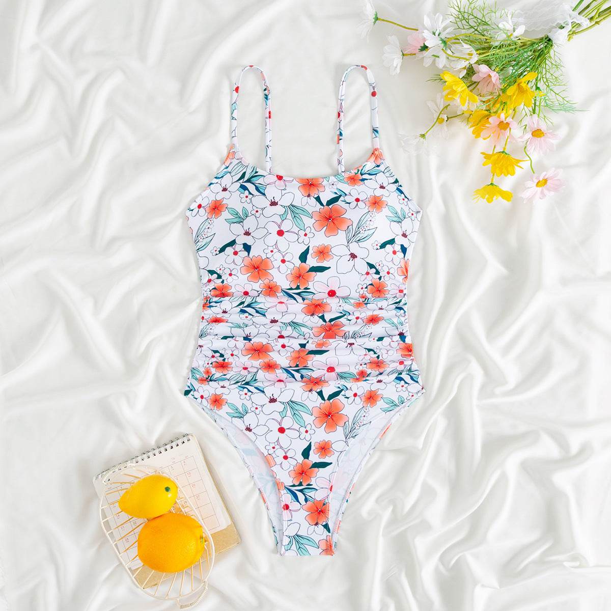 Stylish Printed Suspenders One-Piece Swimsuit - Trendy Pleated Design - Buy Center