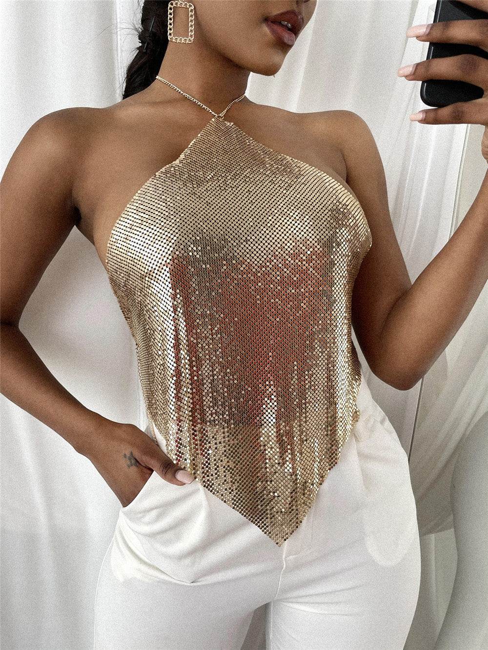 Sexy Solid Color Halter Top - Sequin Sling Style for Trendy Women - Buy Center