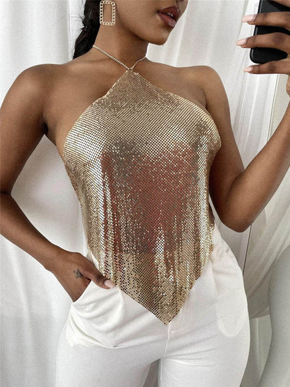 Sexy Solid Color Halter Top - Sequin Sling Style for Trendy Women - Buy Center
