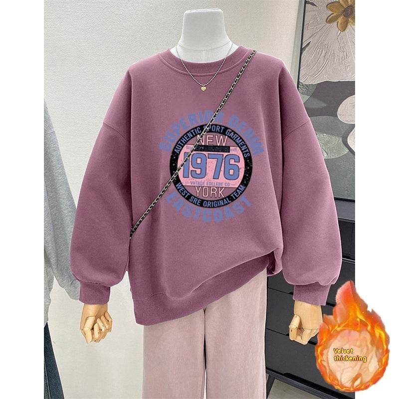 Retro Loose Round Neck Hoodie for Women - Cartoon Design & Long Sleeve - Buy Center
