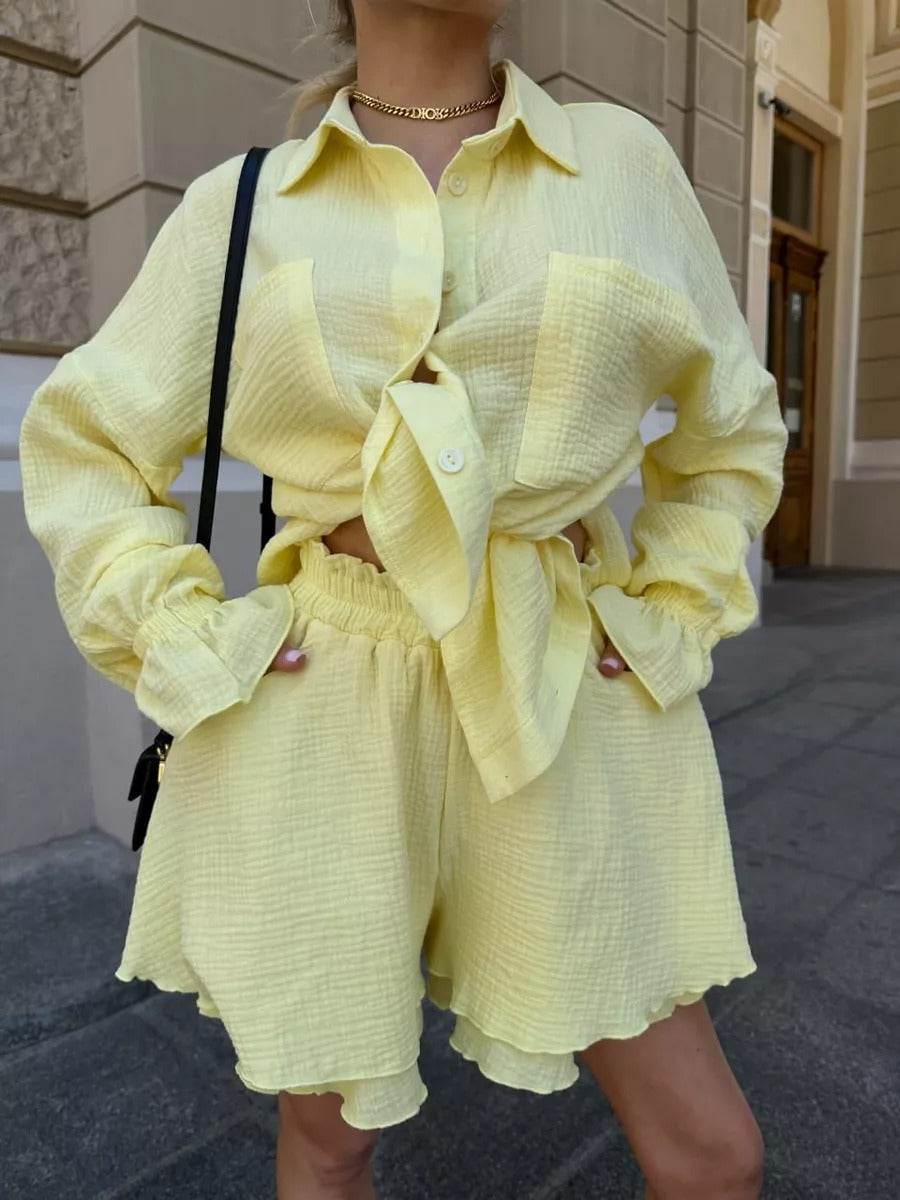 Ruffled Long Sleeve Shirt & Casual Shorts Set - Premium Cotton in Colors - Buy Center