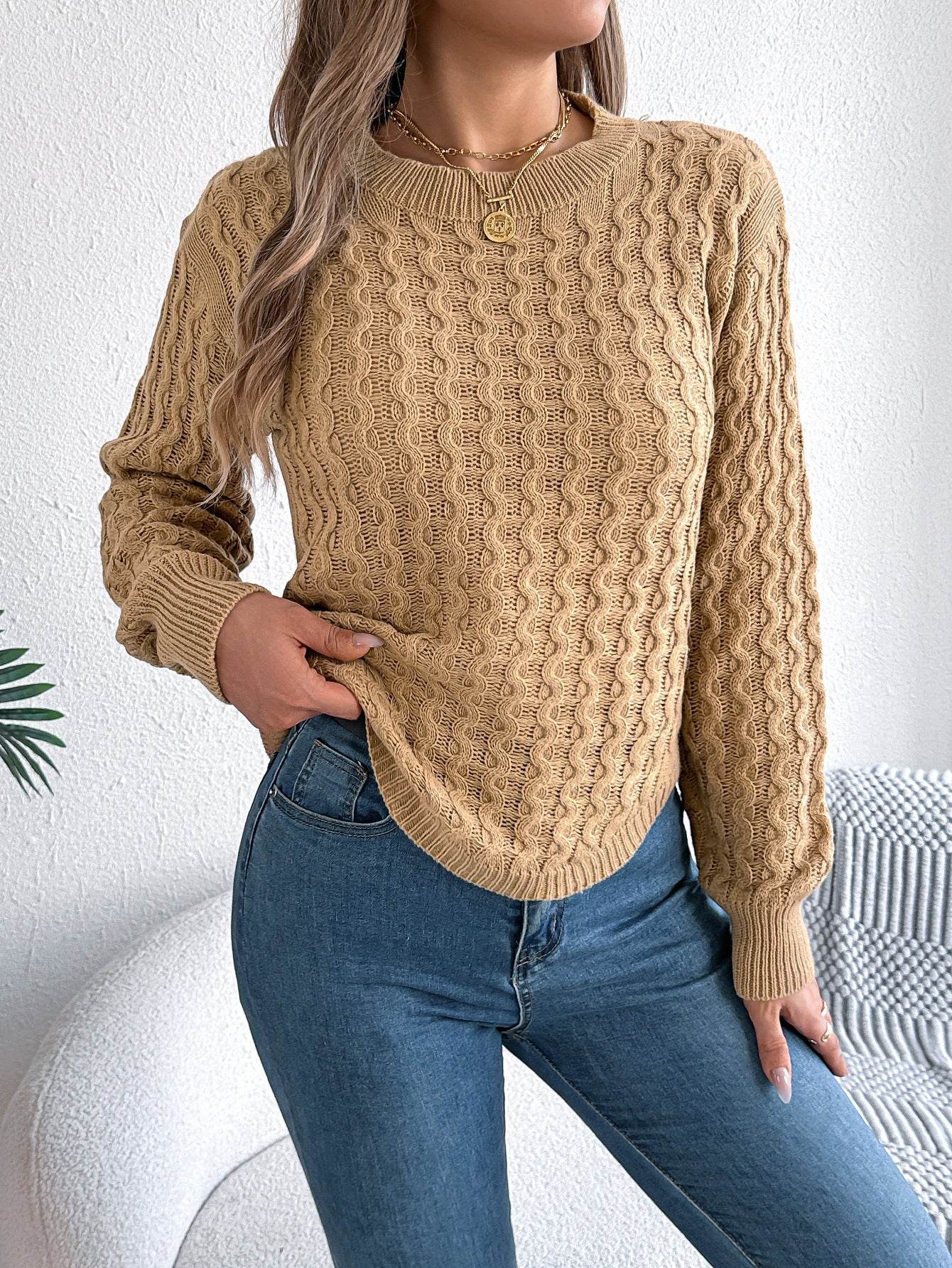 Twist Lantern Sleeve Irregular Pullover Sweater - Khaki & Wine Red - Buy Center