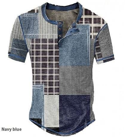 Men's Waffle Henley Shirt - Trendy Graphic Plaid Color Block Style - Buy Center