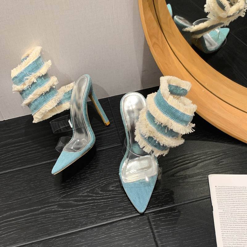 Roman Denim Snake Pointed-Toe Stiletto Sandals - Chic & Comfortable Look - Buy Center