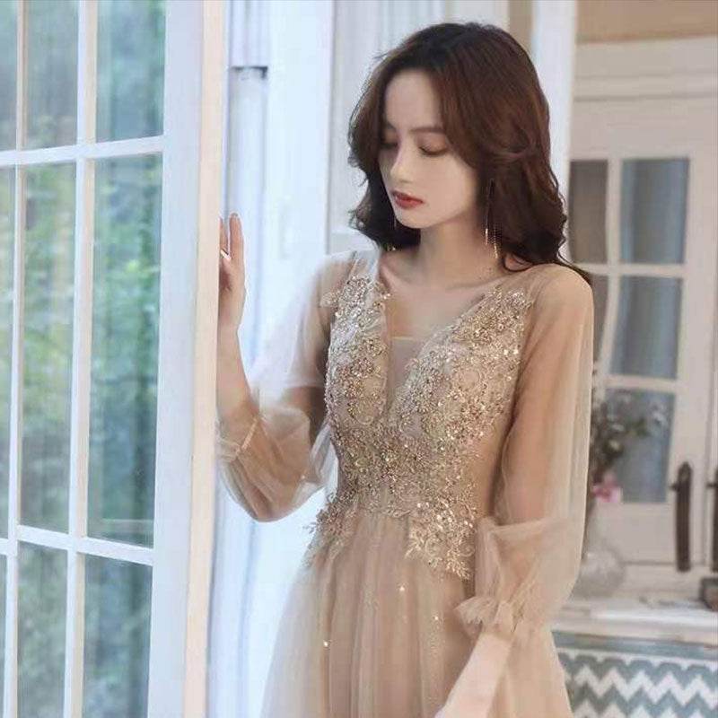 Buycenter Slim Beauty Gold Evening Dress - V-Neck Design, Sizes S-XXL - Buy Center