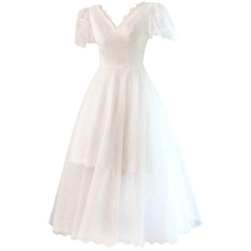Buycenter White Evening Dress - Embroidered Deep V-Neck for Weddings - Buy Center