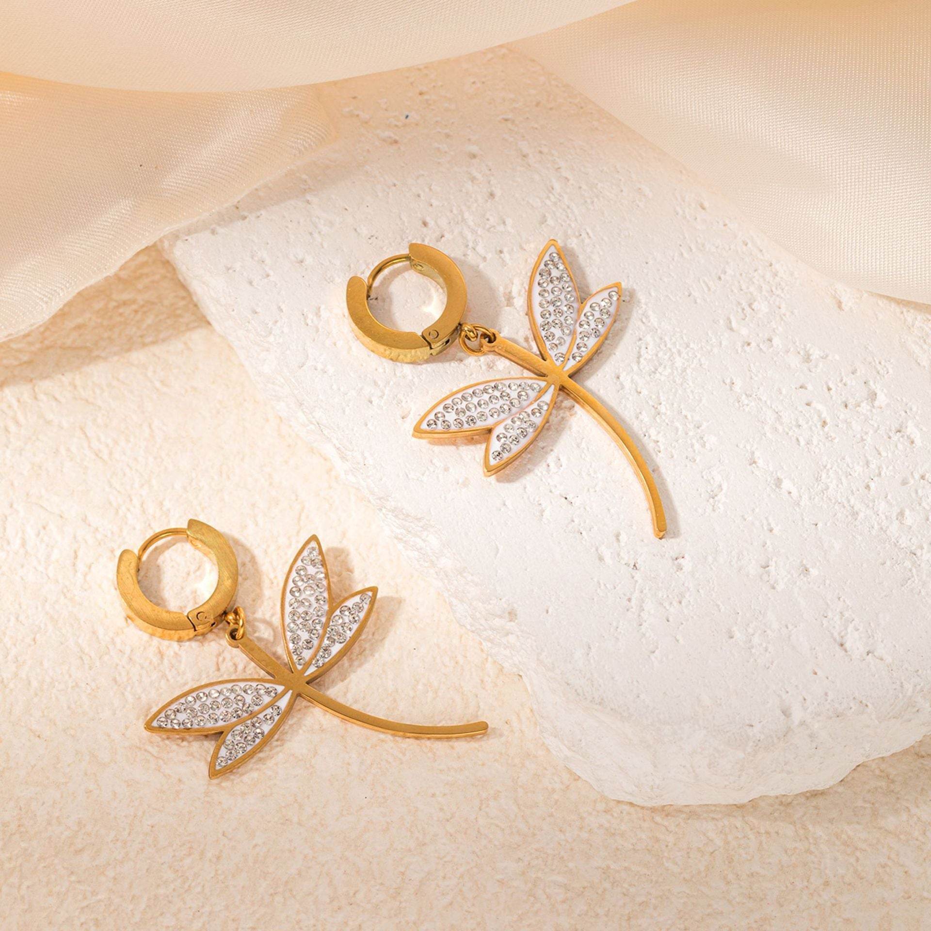 Dragonfly Titanium Steel Necklace & Earrings Set - Sparkling Zircon Elegance - Buy Center