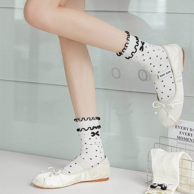 Three-Dimensional Polka Dot Bow Socks - Pure Cotton Mid-Calf for Women - Buy Center