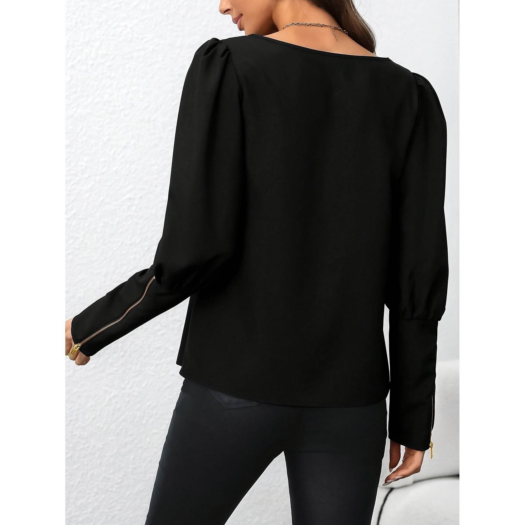 Women's Black Polo Collar Long Sleeve Zip Top - Trendy Blazer 2025 - Buy Center
