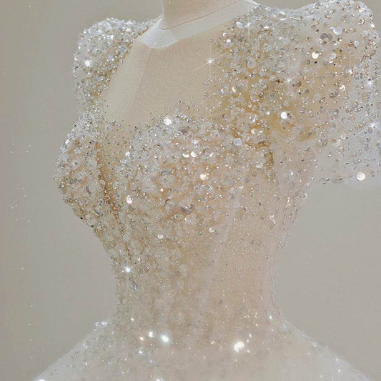 Stunning Bridal Dress with Large Trailing Tail - Stylish 2025 Wedding Gown - Buy Center
