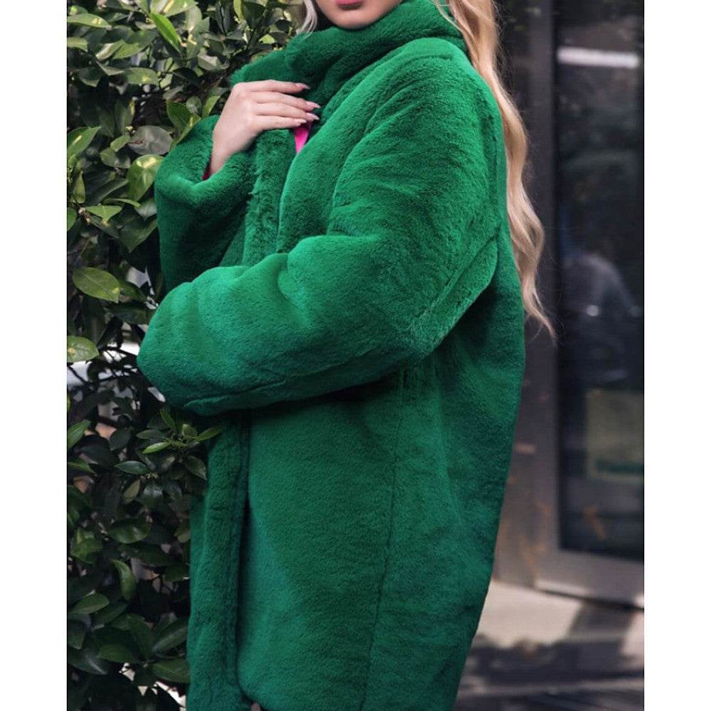 Buycenter Stand-Up Collar Winter Faux Fur Coat - Mid-Length, Loose Fit - Buy Center