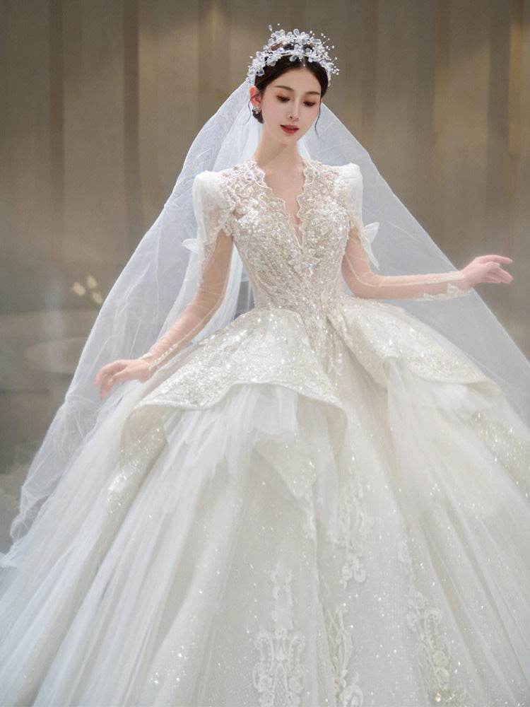 Bride Main Yarn Long Sleeve Wedding Dress - French Retro Trailing Elegance - Buy Center