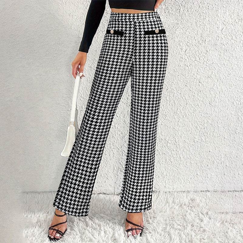 Chic Houndstooth Wide Leg Pants - Faux Pocket Detail for Stylish Appeal - Buy Center