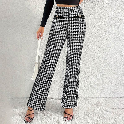 Chic Houndstooth Wide Leg Pants - Faux Pocket Detail for Stylish Appeal - Buy Center
