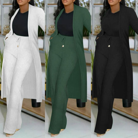 BuyCenter Stylish Two-Piece Set - Long Cardigan & Stripe Wide Leg Pants - Buy Center