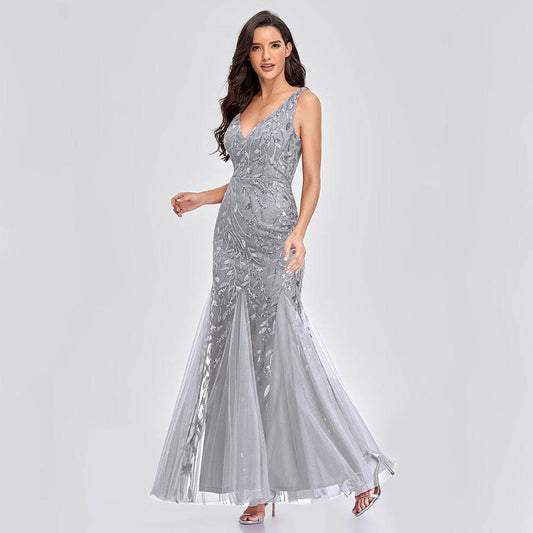 Buycenter Sleeveless V-Neck Mermaid Dress - Embroidered Sequin Elegance - Buy Center
