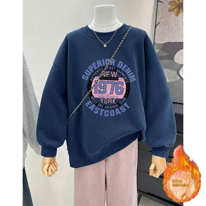 Retro Loose Round Neck Hoodie for Women - Cartoon Design & Long Sleeve - Buy Center