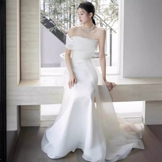 Elegant French Off-Shoulder Wedding Dress - Stylish Light White Gown - Buy Center