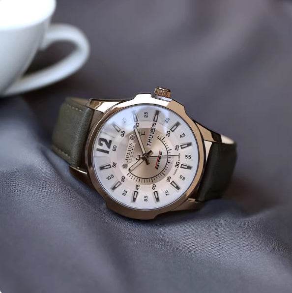 Fashion Calendar Week Quartz Men's Watch - Elegant 41mm Dial, Leather Strap - Buy Center