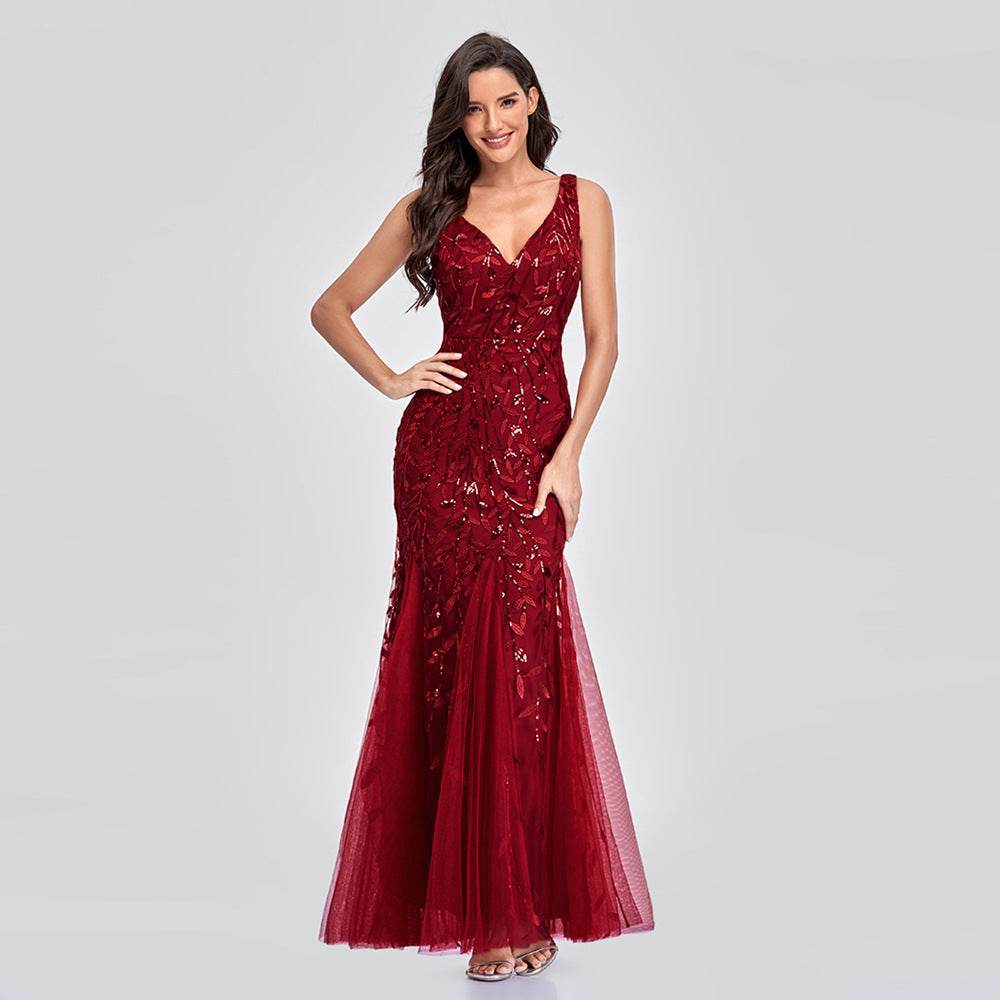 Buycenter Sleeveless V-Neck Mermaid Dress - Embroidered Sequin Elegance - Buy Center