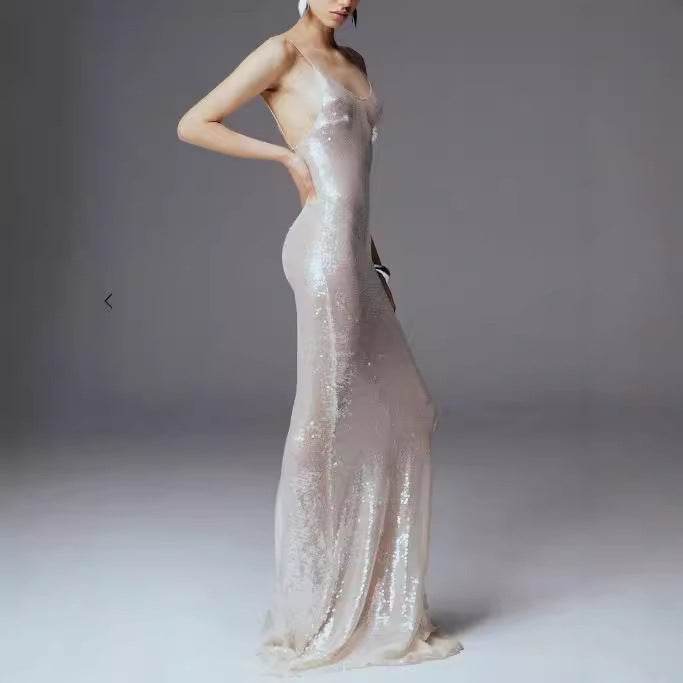 Elegant Silver Sling Dress - High-Waisted Evening Wear for Socialites - Buy Center