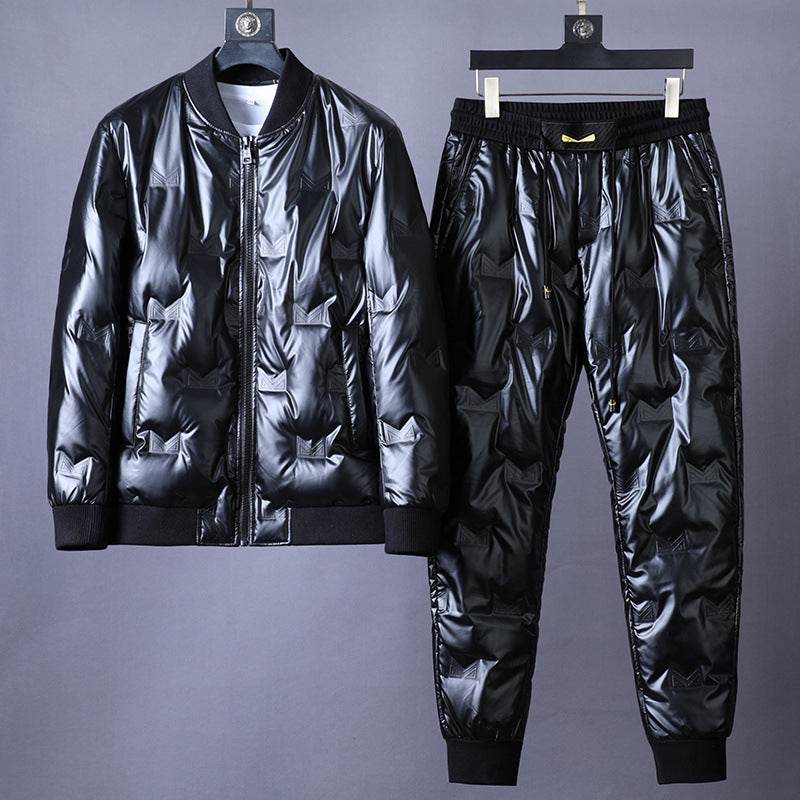 Buycenter Men's Glossy Down Jacket - Stylish Black & Silver Suit Set - Buy Center