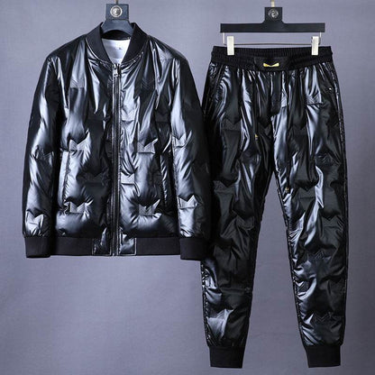 Buycenter Men's Glossy Down Jacket - Stylish Black & Silver Suit Set - Buy Center