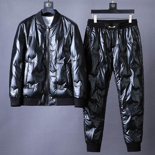 Buycenter Men's Glossy Down Jacket - Stylish Black & Silver Suit Set - Buy Center