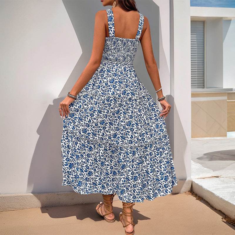 Buycenter Mid-Length Sleeveless Dress - Elegant Elastic Waist Floral Print - Buy Center