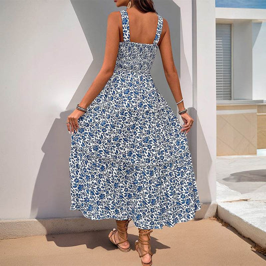 Buycenter Mid-Length Sleeveless Dress - Elegant Elastic Waist Floral Print - Buy Center