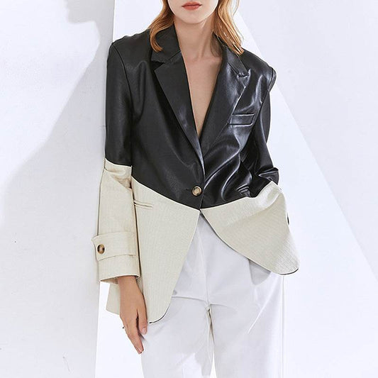 Buycenter Ladies PU Leather Suit Jacket - Stylish Loose Stitching Design - Buy Center