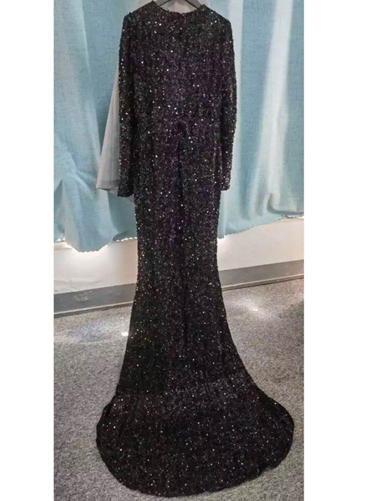 Grey Long Sleeve Sequin Evening Dress - Elegant Prom Gown for Women - Buy Center