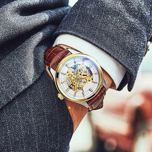 Buy Center Men's Mechanical Watch - Elegant Gold Shell & Leather Strap - Buy Center