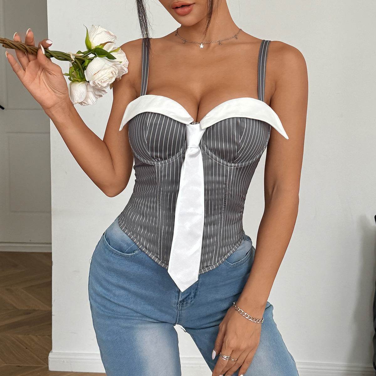 Chic Women's Slim Fit Tie Stitching Camisole - Trendy Fishbone Design - Buy Center