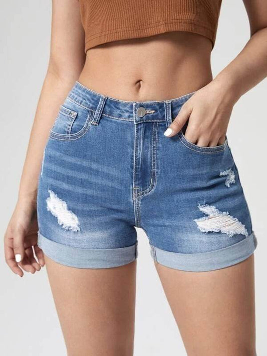 Buycenter Women's High Waist Denim Shorts - Curling Holes, Street Fashion - Buy Center