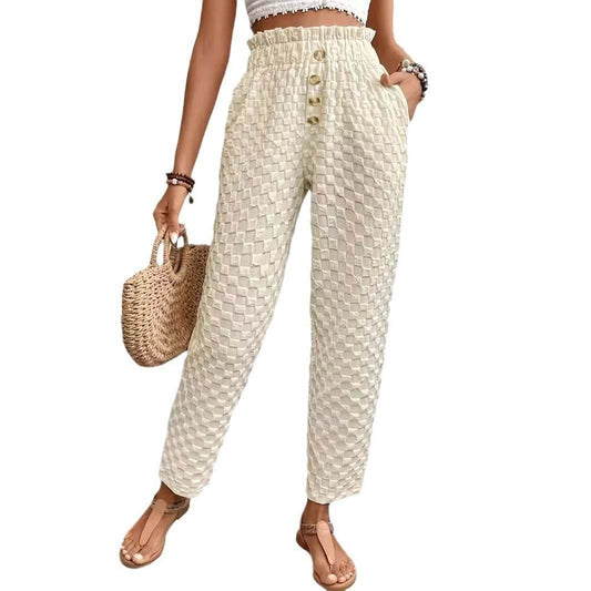 Women's Slim Fit Wide Leg Trousers - Trendy Buttoned Street Style - Buy Center