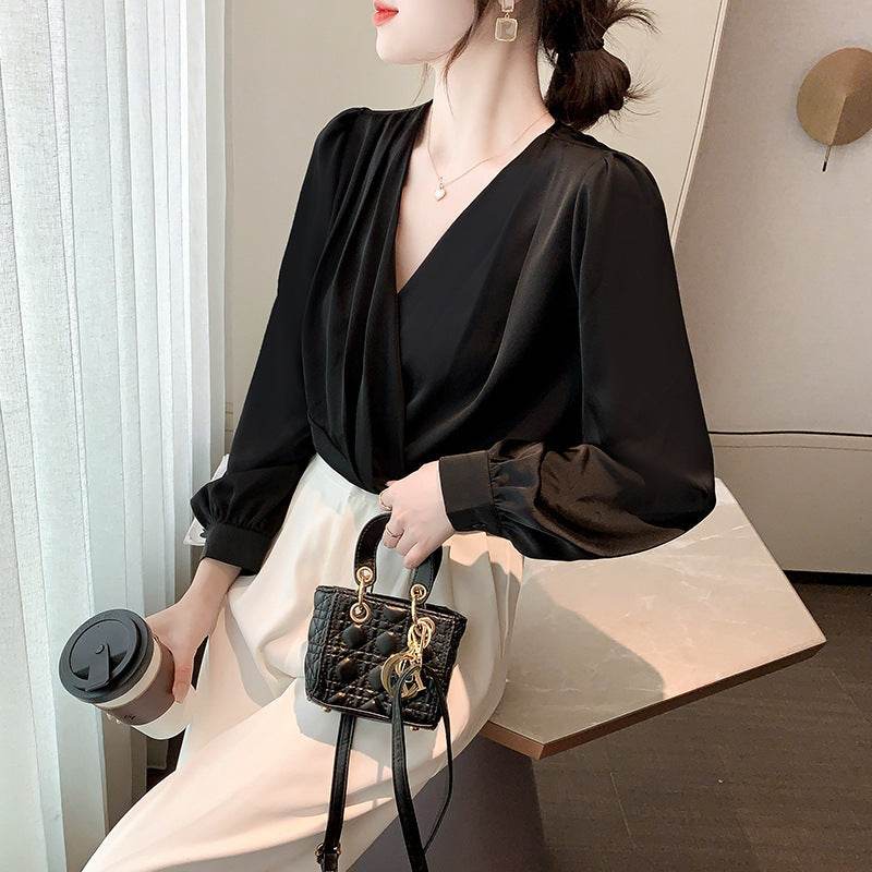 Women's V-Neck Satin Long-Sleeved Shirt - Stylish Work Blouse, Sizes S-2XL - Buy Center