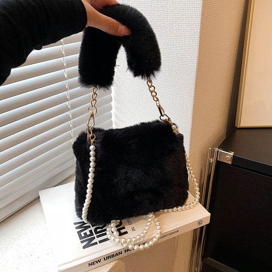 Pearl Chain Plush Bag - Stylish Clutch for Women in Milky White & Khaki - Buy Center